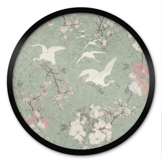 Poster Kraniche im Kirschblüten-Rausch Grün - Bloomery Decor - Rund Poster Kraniche im Kirschblüten-Rausch Grün - Bloomery Decor - Rund