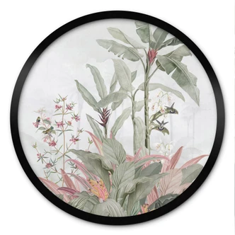 Poster Tropische Idylle mit Kolibri Blau - Bloomery Decor - Rund Poster Tropische Idylle mit Kolibri Blau - Bloomery Decor - Rund