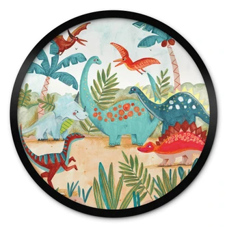 Póster infantil Dinosaurios de colores en el bosque primitivo - Bonne Müller - Redondo 