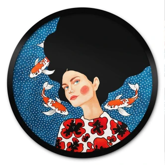 Poster Frau im Blütenkleid mit Kois - Hülya - Rund 