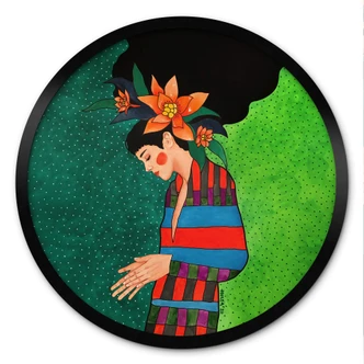 Poster Vrouw in gestreepte jurk met oranje bloemen - Hülya - Rond Poster Vrouw in gestreepte jurk met oranje bloemen - Hülya - Rond