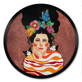 Poster vrouw met bloemenkroon en katten - Hülya - Rond Poster vrouw met bloemenkroon en katten - Hülya - Rond