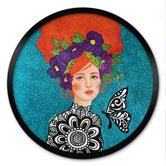 Poster vlinder vrouw met bloemenkrans - Hülya - Rond Poster vlinder vrouw met bloemenkrans - Hülya - Rond