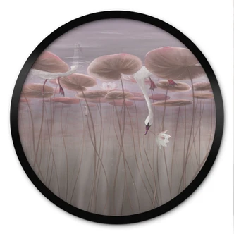 Poster lotusbloemen met zwaan in water in donkerroze - Ms Tiff - Rond 