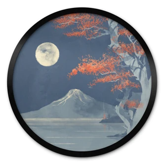 Poster Vintage - Vollmond über dem Gipfel des Fuji-san - Roze - Rund 