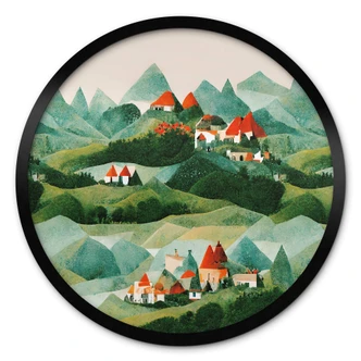 Poster Treechild - Kleines Dorf inmitten grüner Hügel - Rund 