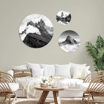 Rundes Wandbilder-Set Berggipfel in den Wolken - Schwarz-weiß (3-teilig) - Alu-Dibond 