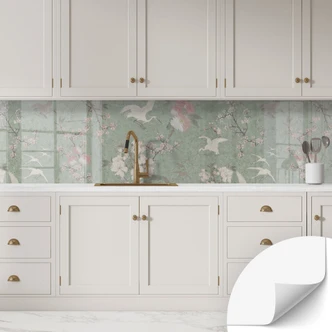 Zelfklevende Keukenachterwand Kraanvogels in kersenbloesemgroen - Bloomery Decor Zelfklevende Keukenachterwand Kraanvogels in kersenbloesemgroen - Bloomery Decor