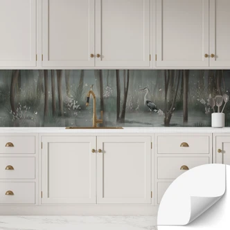 Selbstklebende Küchenrückwand Nebelwald am See mit Reiher in Grün - Ms Tiff 