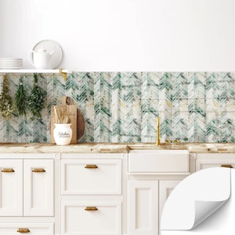 Selvklæbende stænkplade til køkken Grønt sildebensmønster i akvarel - Treechild 