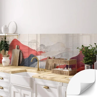 Self-adhesive kitchen splashback Treechild - Red mountains in Japandi style 