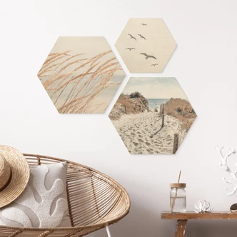 Houten Wanddecoratie zeskant strandduinen aan zee set (3 stuks) 