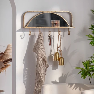 Metall Wandregal Spiegel mit Kleiderhaken - Goldoptik - 60x29x14 cm 