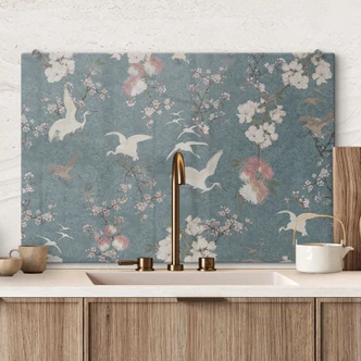 Spatscherm Kraanvogels in een blauwe kersenbloesemroesem - Bloomery Decor 