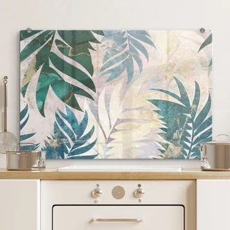 Spritzschutz Exotische Palmenblätter in Gold-grün - Manovski 