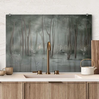 Pannello paraschizzi foresta di nuvole sul lago con airone in verde - Ms Tiff 