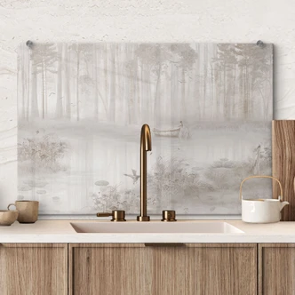 Spatscherm bos bij het meer in beige mist - Ms Tiff Spatscherm bos bij het meer in beige mist - Ms Tiff