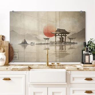 Spatscherm Japanse tempel bij zonsopgang - Roze 