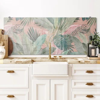 Spatscherm Tropische bladeren in de jungle roze - Bloemdecor - Panorama 