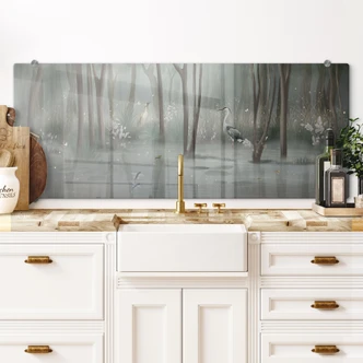 Pannello paraschizzi foresta nebbiosa vicino al lago con airone in verde - Ms Tiff - Panorama 