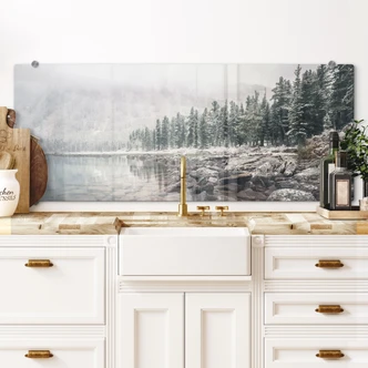 Spatscherm winter bos bij het meer - Rostovskiy - Panorama Spatscherm winter bos bij het meer - Rostovskiy - Panorama