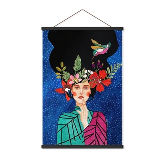 Stoffbild Frau mit Kolibri in der Sternennacht - Hülya 