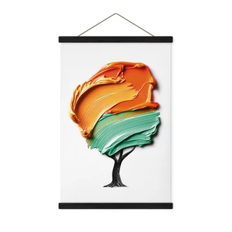 Textielposter boom met oranje en groene 3D kroon - Mielu 