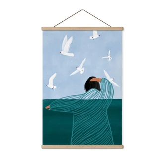 Textielposter vrouw met meeuwen aan zee - Müller 