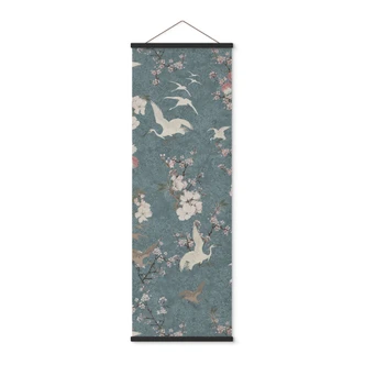 Textil Poster Tranor i körsbärsblom Rush Blue - Dekorationer i blom - Panorama 