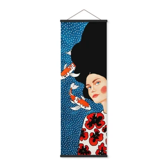 Stoffbild Frau im Blütenkleid mit Kois - Hülya - Panorama 