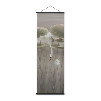 Stoffbild Lotusblumen mit Schwan im Wasser in Grau - Ms Tiff - Panorama 