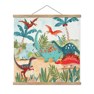 Quadro in tessuto per la camera dei bambini | Dinosauri colorati in una foresta primordiale - Bonne Müller - Quadrato 