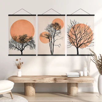 Tekstil plakat Sæt Kubistika - Varm solnedgang i ferskenfarver (3 stk.) 