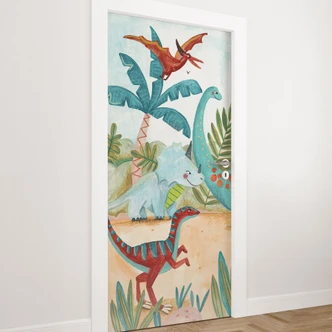 Door film for children's room - Colorful dinosaurs in the primeval forest - Bonne Müller - Self-adhesive door decoration Door film for children's room - Colorful dinosaurs in the primeval forest - Bonne Müller - Self-adhesive door decoration