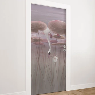 Deurfolie lotusbloemen met zwaan in water in donkerroze - Ms Tiff 