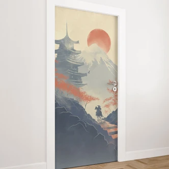 Sunrise over the pagoda door film - Roze - Self-adhesive door decoration Sunrise over the pagoda door film - Roze - Self-adhesive door decoration