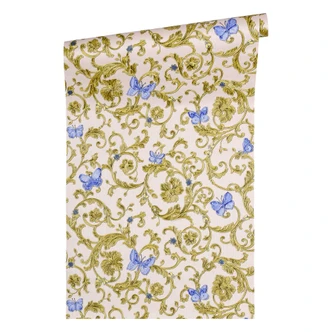Versace wallpaper Vliestapete Butterfly Barocco Barocktapete mit Ornamenten blau, gold, rosa 