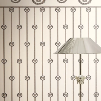 Carta da parati in tessuto non tessuto Versace con bordo di base Testa di medusa bianco beige metallizzato 