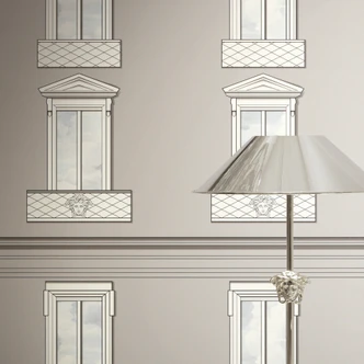 Versace non-woven wallpaper Palazzo No 12 window facade gray blue neo classic 