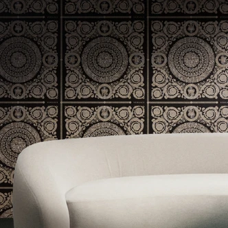 Carta da parati in tessuto non tessuto Versace Heritage Baroque Medallion Floral Nero Beige Grigio lussuoso 