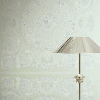 Carta da parati in tessuto non tessuto Versace Heritage Baroque Medallion Floral Green White Blue luxurious 