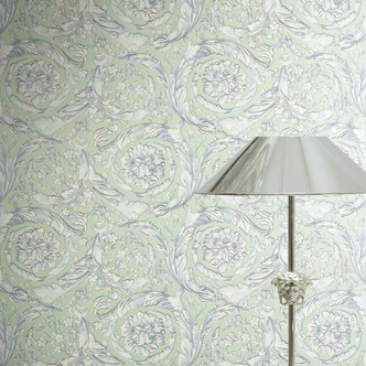 Carta da parati in tessuto non tessuto Versace Barocco Neo classico viticci floreali verde blu bianco elegante 