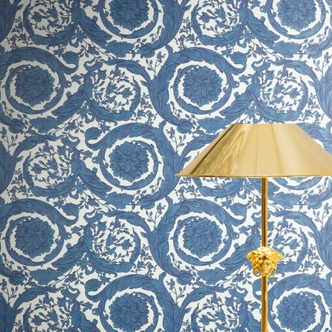 Carta da parati in tessuto non tessuto Versace Barocco Neo classico viticci floreali blu bianco elegante 