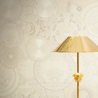 Carta da parati in tessuto non tessuto Versace Art De La Table Circles Floral Meander Medusa Beige Metallic 