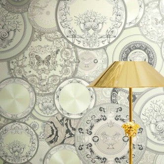 Carta da parati in tessuto non tessuto Versace Art De La Table Circles Meander Medusa Verde Grigio Metallizzato 