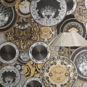 Carta da parati Versace in tessuto non tessuto Art De La Table Baroque Circles Medusa Meander Nero Oro 