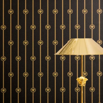 Carta da parati in tessuto non tessuto Versace I Love Baroque stripes Medusa black gold luxurious 