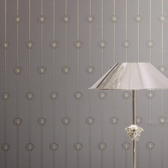 Carta da parati in tessuto non tessuto Versace I Love Baroque stripes Medusa Taupe Silver luxurious 