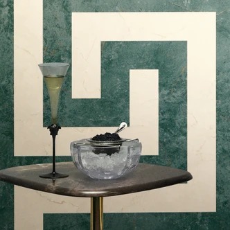 Versace non-woven wallpaper Greek meander graphic green gray marble look modern luxurious 