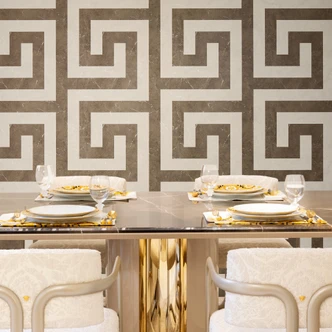 Versace non-woven wallpaper Greek meander graphic brown cream gray marble look luxurious 